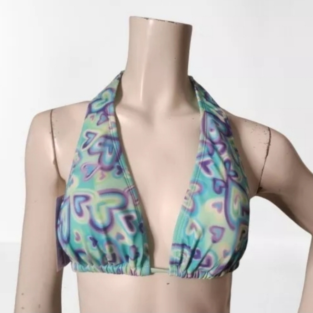 Wild Fable Bikini Top Womens M Blue Green Tie-Dye Halter Hearts NEW